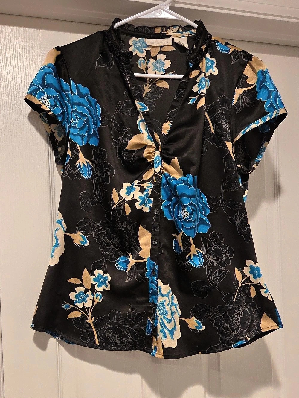 Worthington Floral Short Sleeve Blouse in Black & Blue